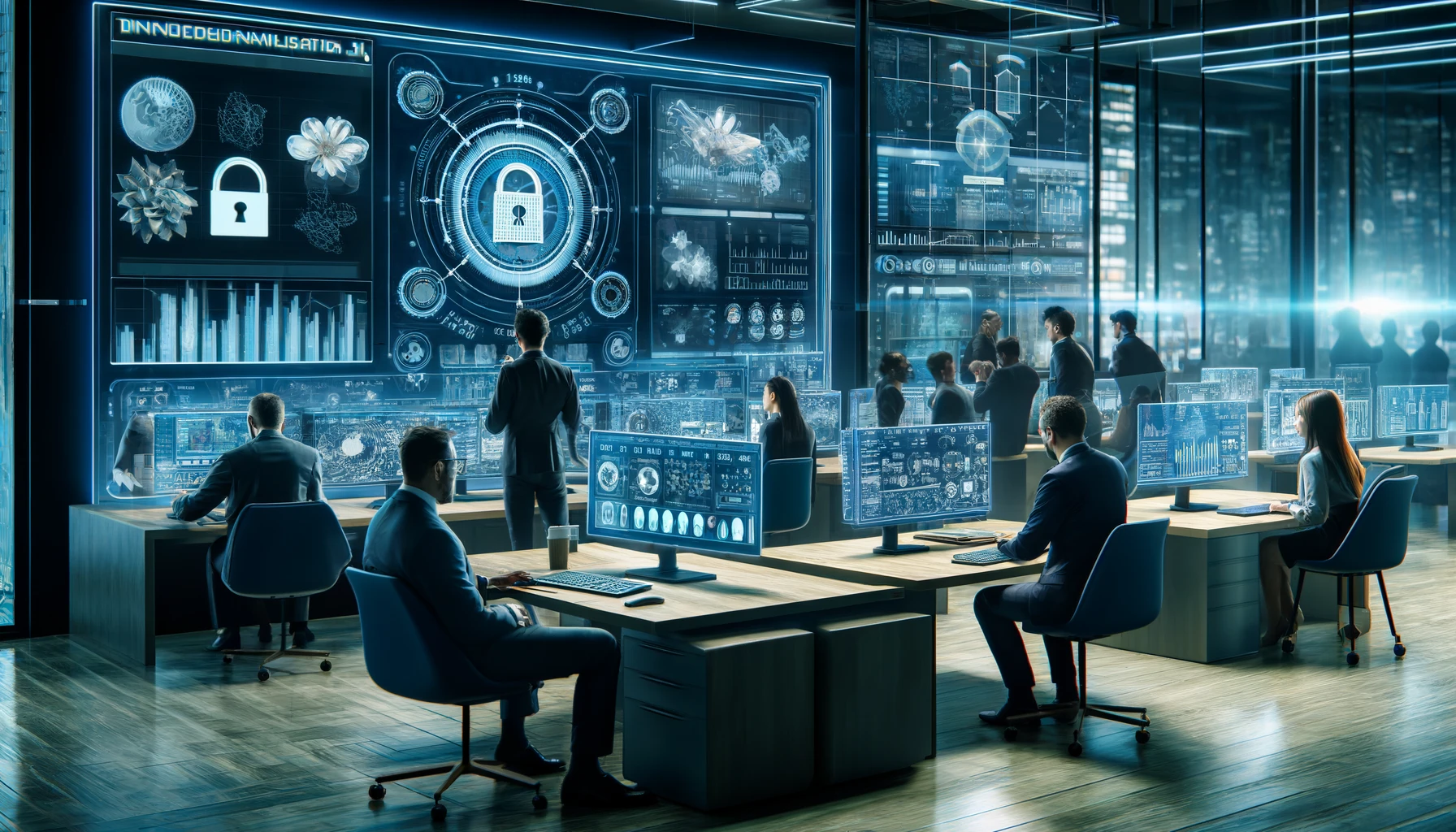 An image depicting a modern financial technology office, where AI is applied in bank fraud detection. This scene shows a team of experts utilizing advanced technologies to analyze and prevent fraudulent activities in the banking sector.