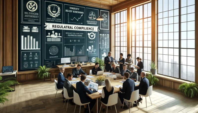 An image depicting a bright and welcoming office setting, where professionals collaborate on regulatory compliance in the financial sector. This visual highlights the importance of compliance in ensuring financial stability and trust.
