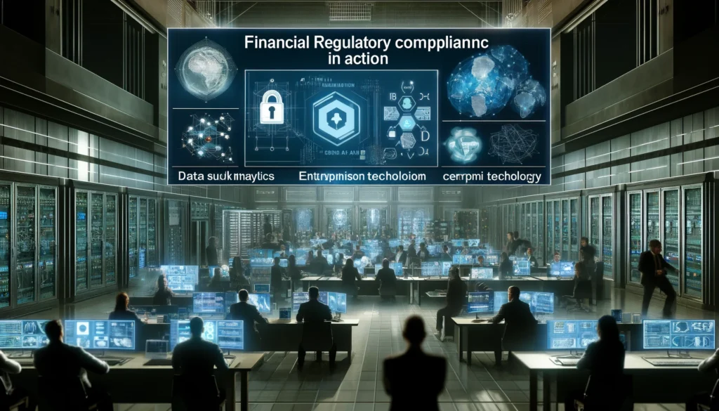 An image depicting a high-tech data center, representing examples of financial regulatory compliance in action. The scene illustrates professionals working with advanced security measures and AI technologies to ensure compliance within the financial sector.